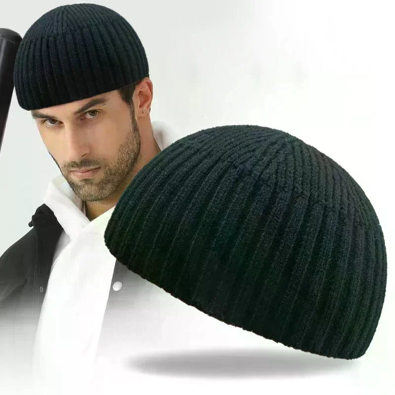 Street Solid Color Knitted Cap Brimless Warm Vintage Dome Hat Elastic Outdoor Melon Beanie Cap