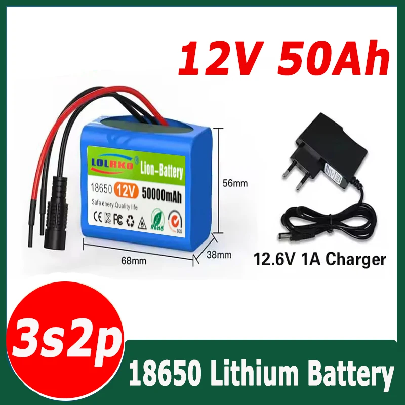 Durable high capacity 3S2P 12V 50Ah 18650 lithium-ion rechargeable battery with Bms lithium battery pack protection board