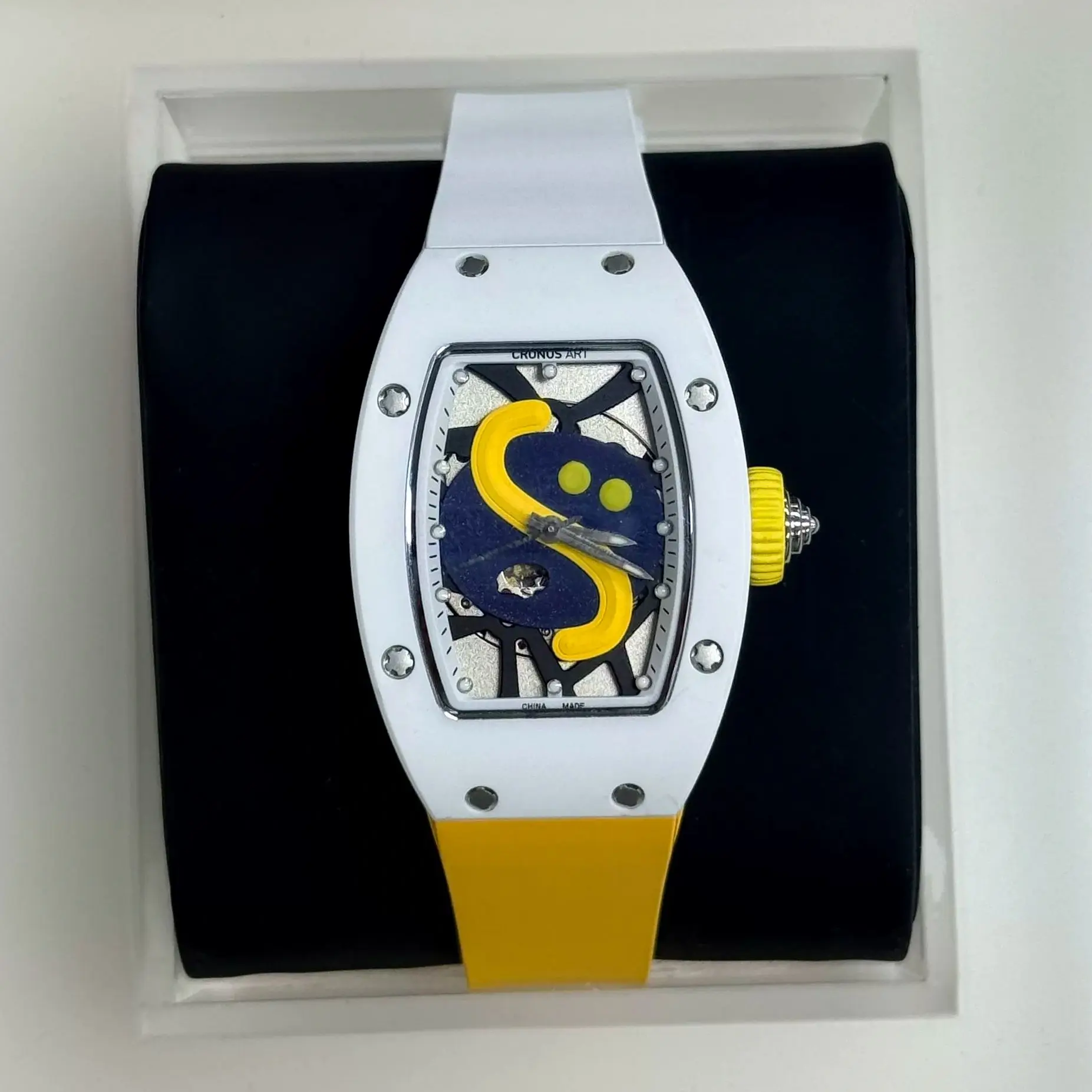 CRONUSART Women Automatic Watch 31mm Tonneau Ladies Mechanical Wristwatch Ceramic Case Sapphire Fluororubber Strap Relief Dial