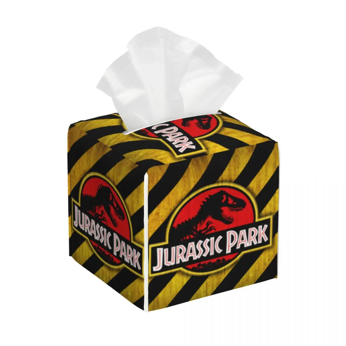 Custom Jurassic Park Logo Yellow Tissue Box Cover Square PU Leather Giant Dinsaur Facial Tissues Holder for Office