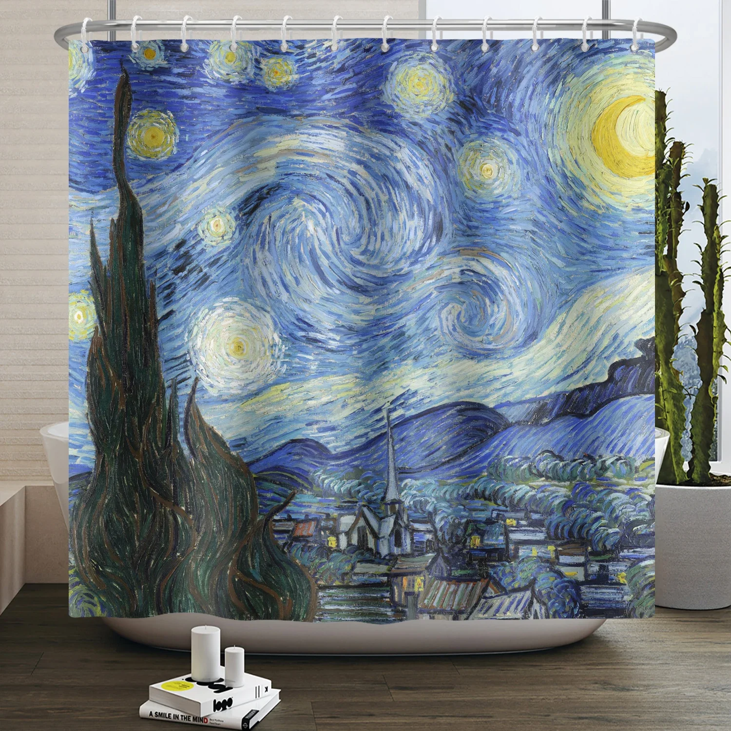 Van Gogh Abstract Art Oil Painting Shower Curtain Starry Night Scenery Bathroom Curtain Flower Tree Waterproof Bathtub Curtain