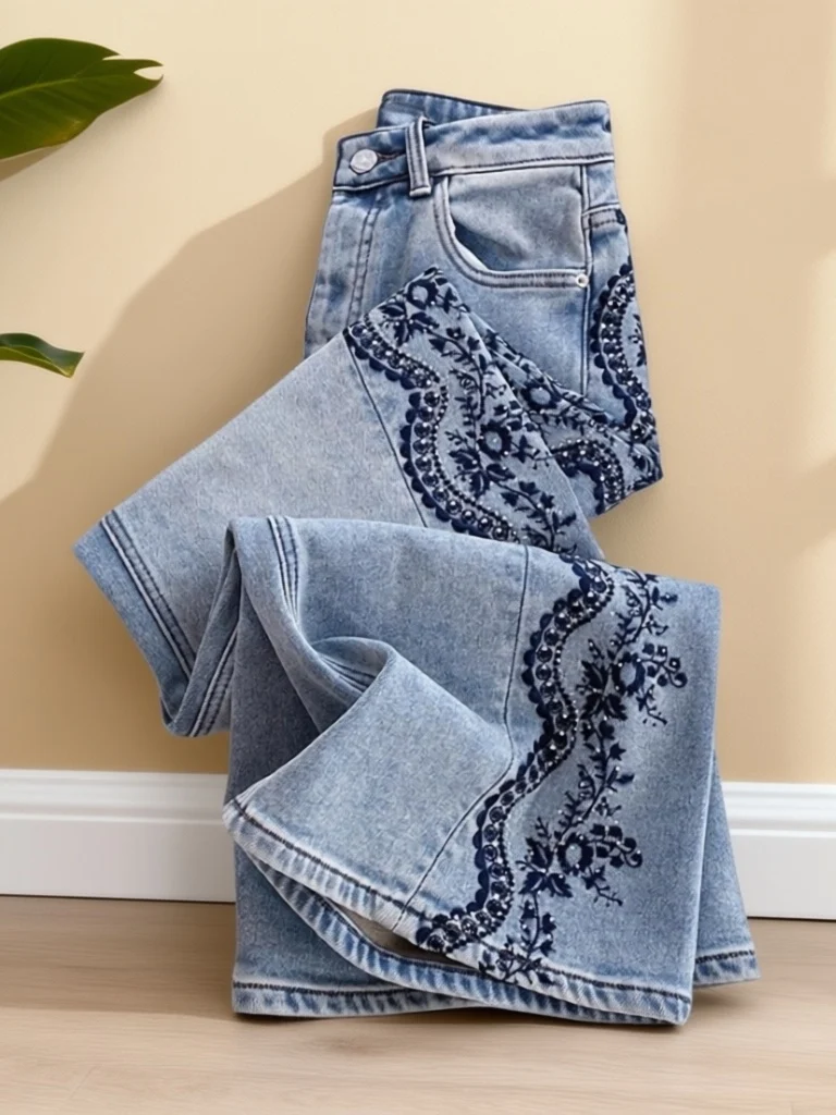 Washed Denim Wide Leg Pants Sequin Embroidery High Waist Casual Style Spring Collection Women's Premium Fashion Streetwear