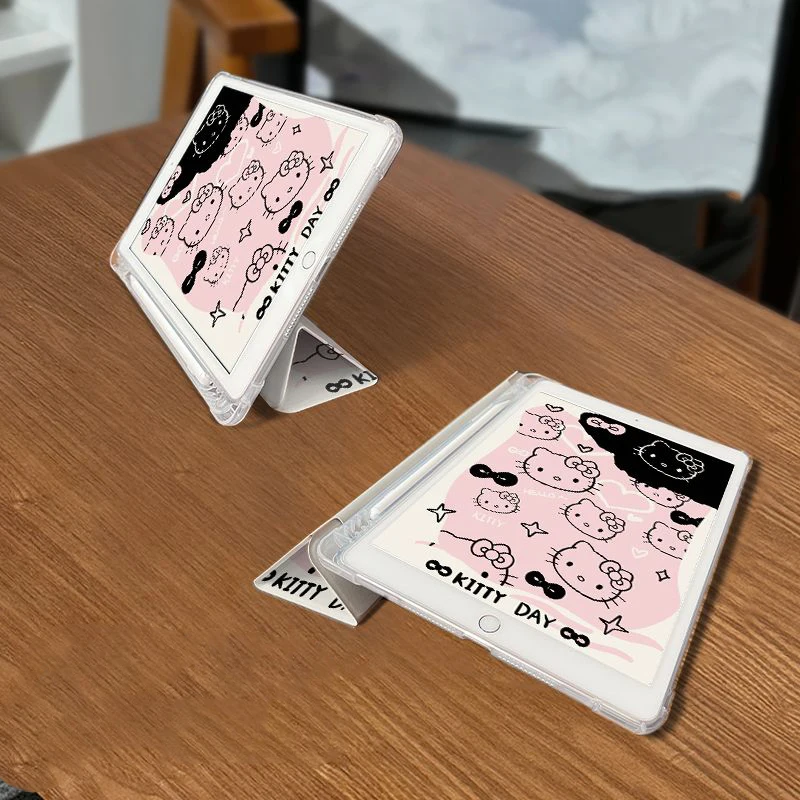 Sanrio HANYODON Hello Kitty การ์ตูน iPad Pro 2024 เคสป้องกันน่ารัก Y + 3 พับใหม่ 9/10 Pom Pom Purin อะคริลิค Air 6 พันรอบ