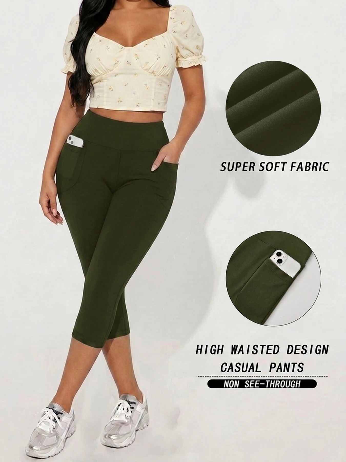 Hochgeschnittene Caprihosen für Damen mit Taschen, Superweiche Bauchkontrolle Workout-Lauf-Yoga-Sportleggings – Detail 10