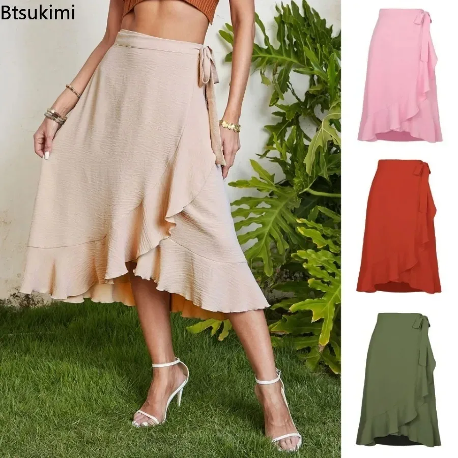 New Women's Elegant Long Skirts Solid Fashion Lace Up Ruffles High Waist Bodycon Skirt Casual Holiday Beach Chiffon Skirts Femme