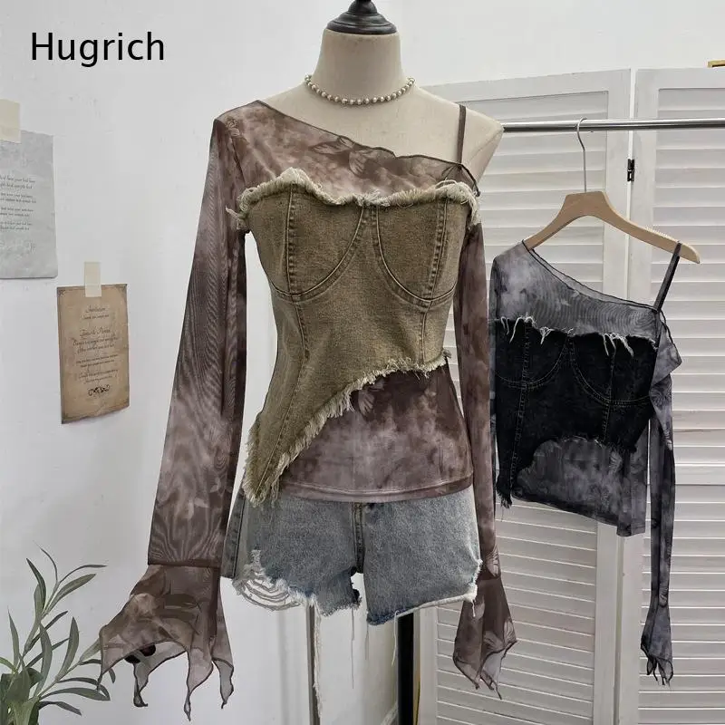 Asymmetric One Shoulder Mesh Patch Denim Top Fringe Trim Irregular Hem Flare Long Sleeve Multi Color Casual Slim Blouse