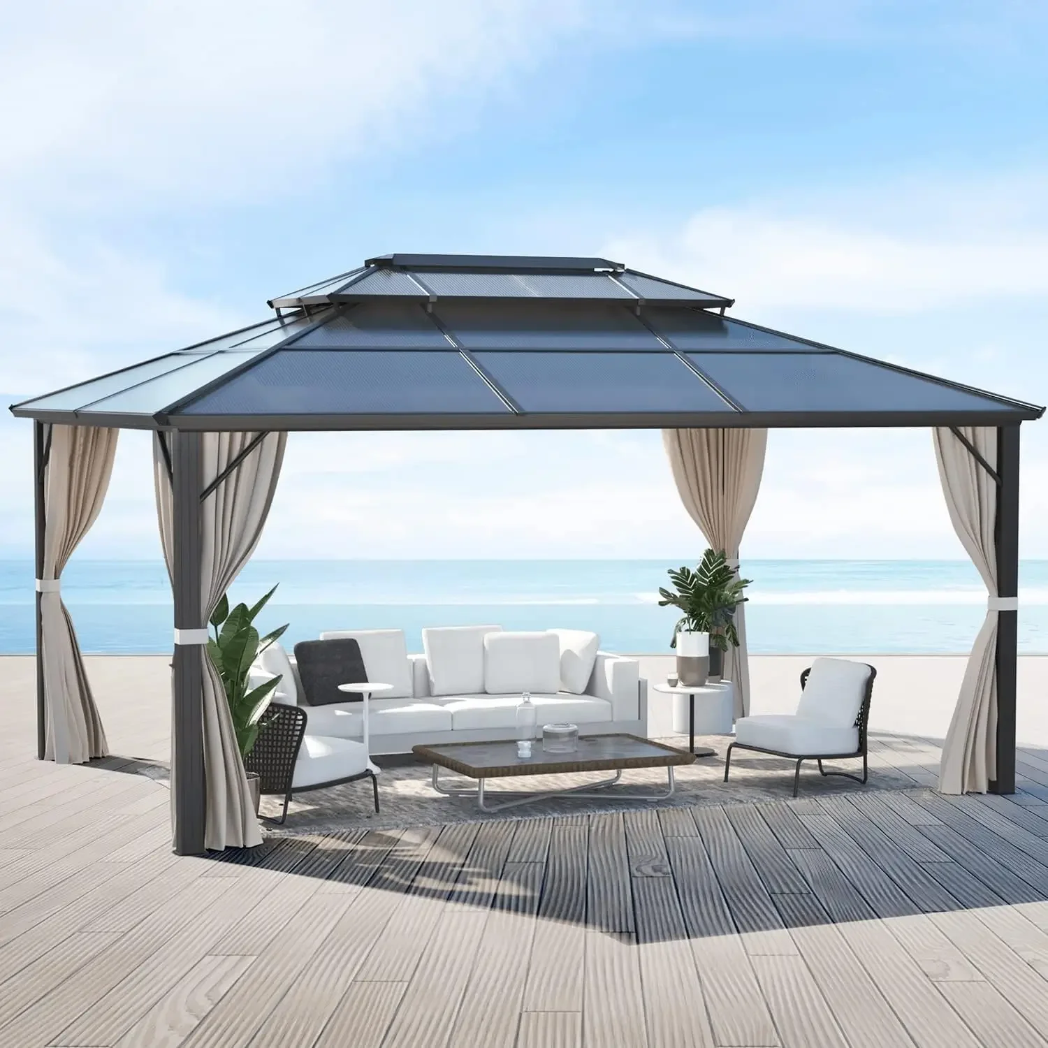 

Aluminum Frame Outdoor Gazebo Permanent Pavilion with Curtains and Netting for Patio, Lawn & Garden