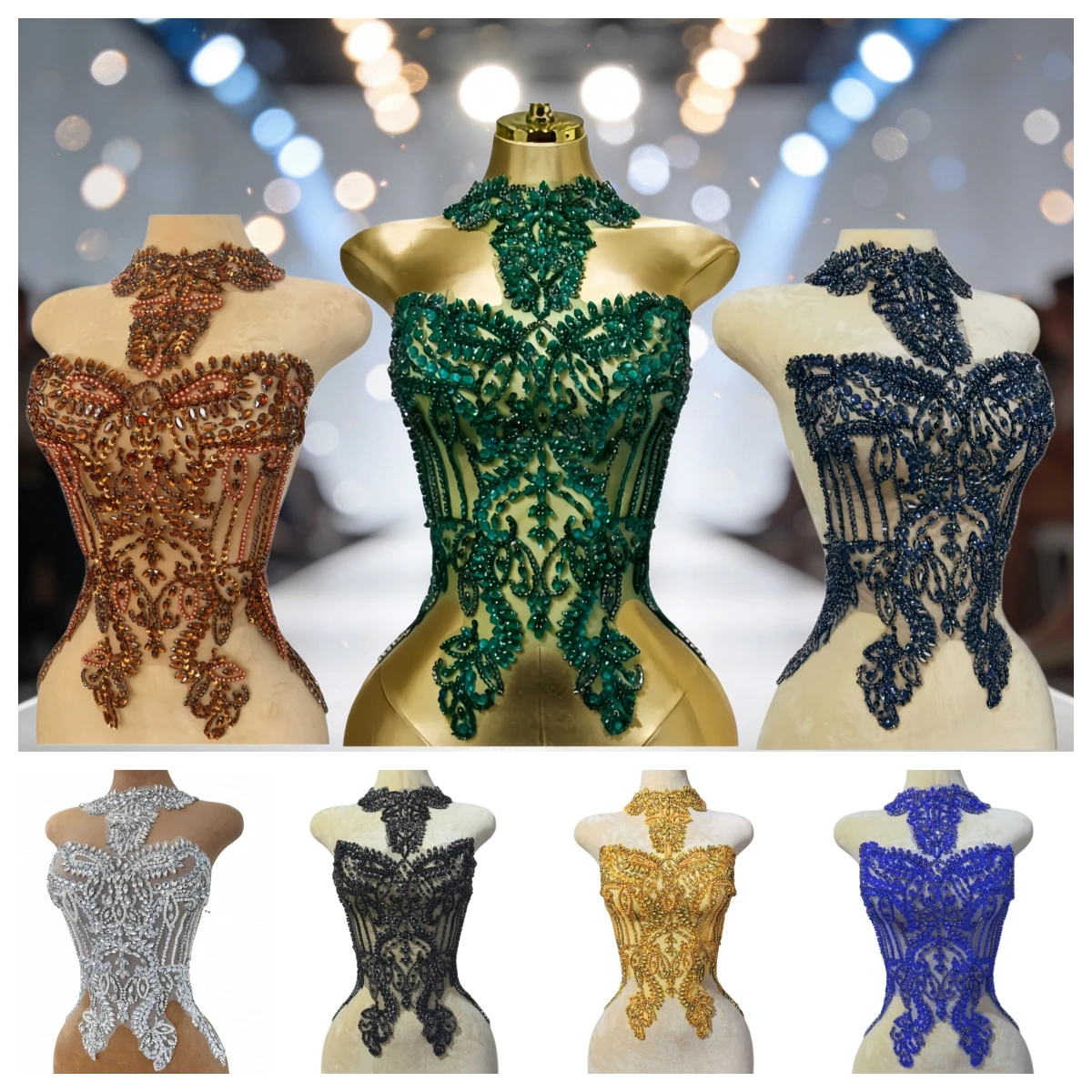 Front Bodice 3D Beaded Clothes Appliques Sew on Lace Rhinestone Crystal Patches For Tailored diy Handicraft Costumes Dresses