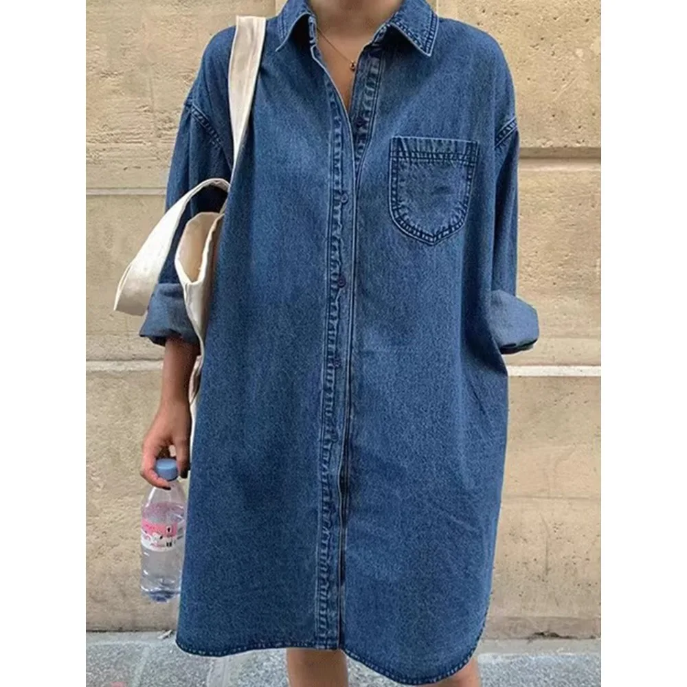 

Женское джинсовое платье SuperAen в стиле ретро с V-образным вырезом, длинными рукавами и эффектом потертости, новинка весеннего сезона, в корейском стиле, свободное, повседневное, прямое, средней длины