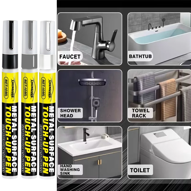 Metal Touch-Up Pen - Scratch Repair for Faucet Paint Surfaces, Paint Restoration for Bathrooms and Kitchens, Black, White, and Gray Touch-Up Pens, Suitable for Faucets, Door Handles, Sinks, Bathtubs, Towel Racks, Toilets, Shower Heads, Car Rims, and Other Metal Components, Easy Application, Compact Design, Durable Coating, DIY Repair