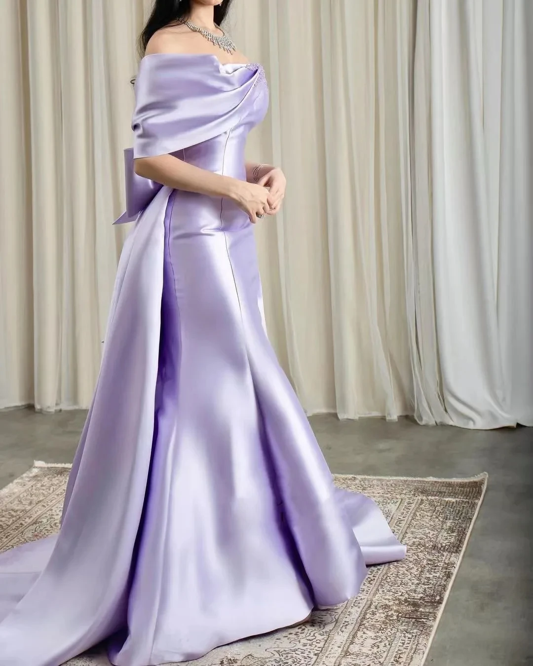 Saudi Arabia lilac Prom Dresses Beads Off-The-Shoulder Mermaid Formal Evening Dress Sweep Train Bow Wedding Party Dress