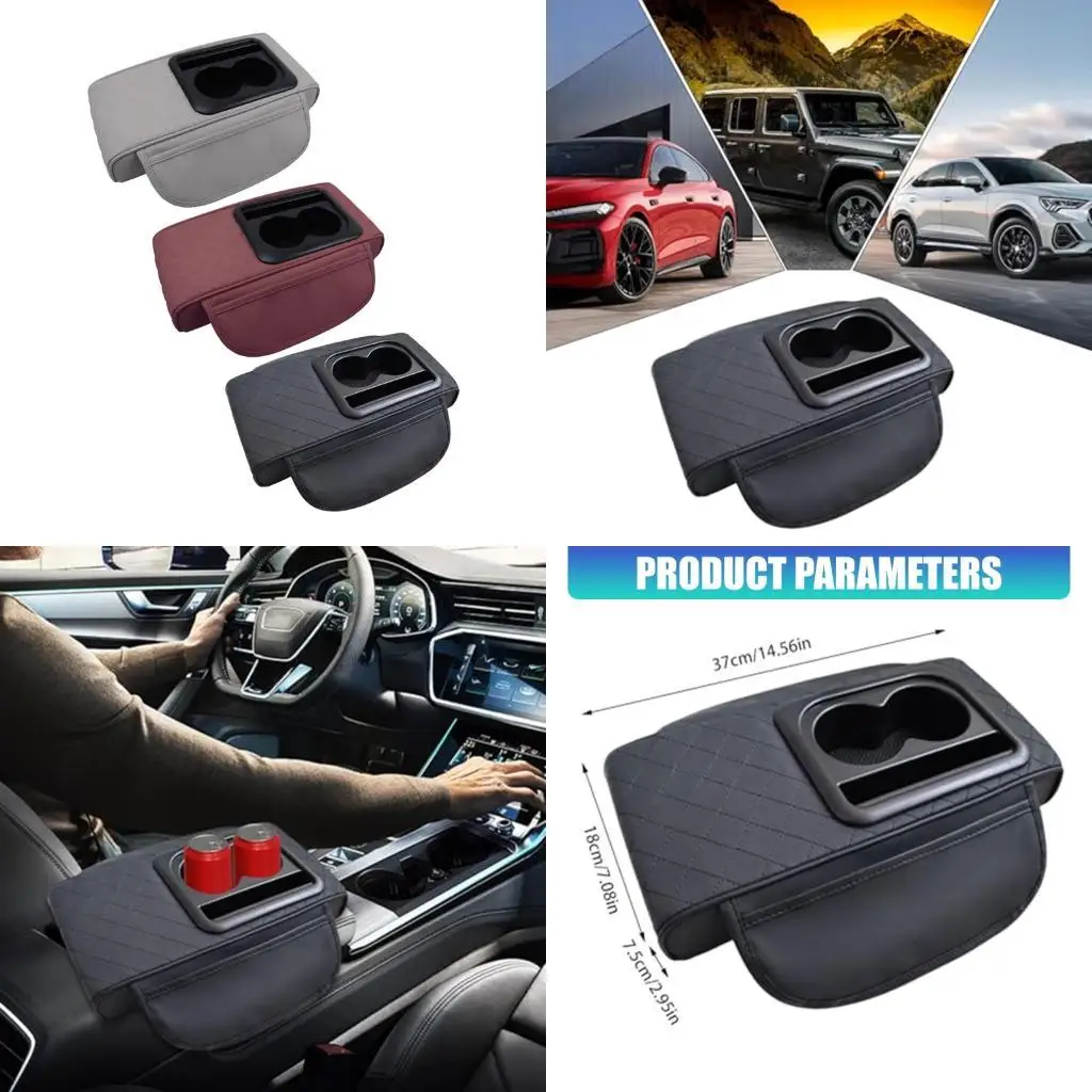 Leather Car Center Console Cover with Cup Holder & Phone Mount for Travel Use