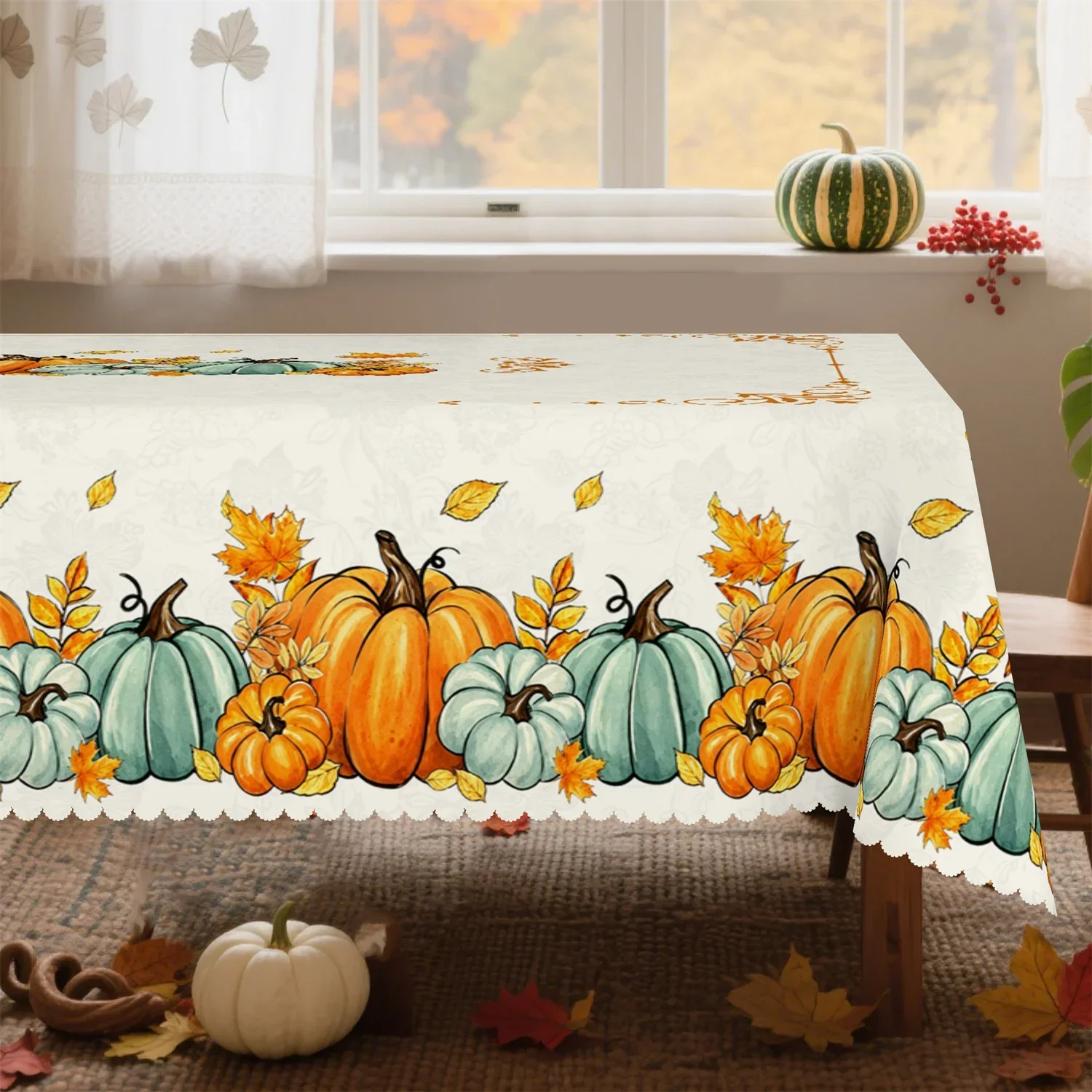 One orange and blue pumpkin autumn tablecloth is suitable for American Thanksgiving family gatherings.xzj