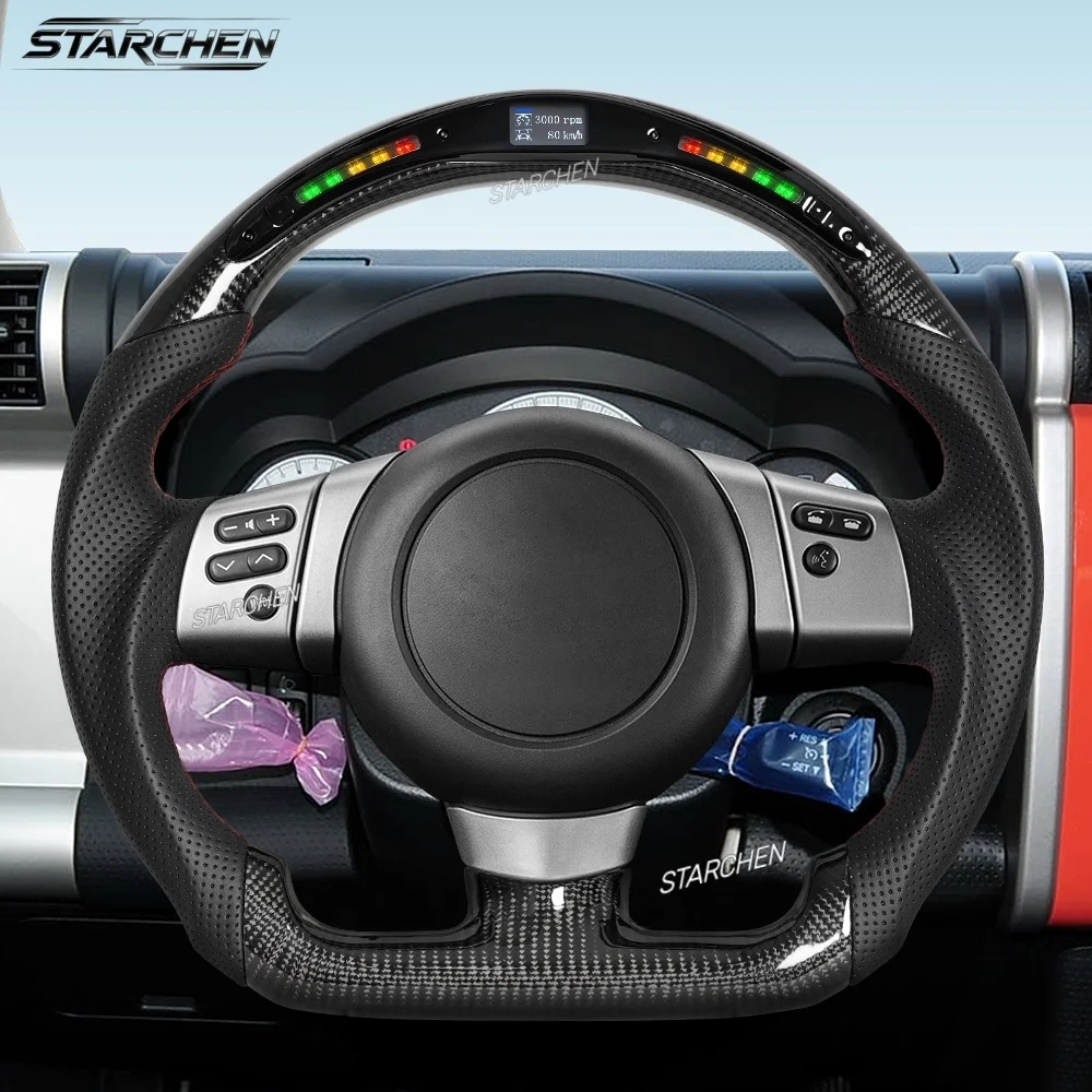 Real Carbon Fiber LED Steering Wheel for Toyota FJ Cruiser 2007-2021 D-Shaped Flat Bottom Perforated Grips Leather (Non-heated)