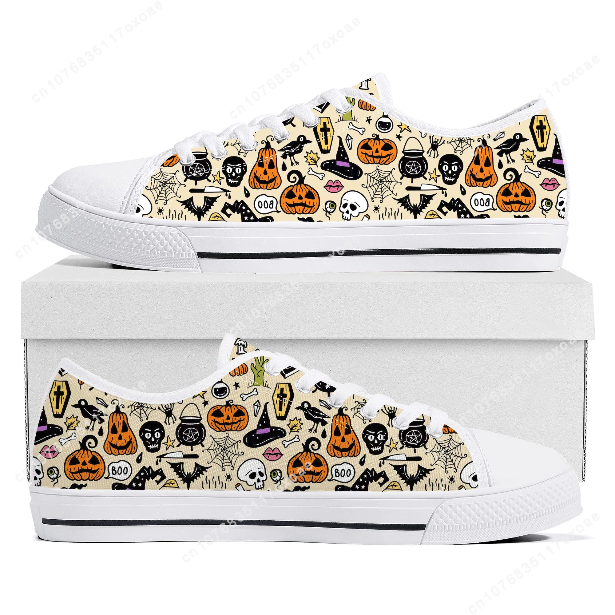 Regalo de Halloween Zapatillas bajas para hombre, mujer, adolescente, alta calidad, linterna espeluznante, zapatillas de lona de calabaza, zapatos casuales, zapato personalizado