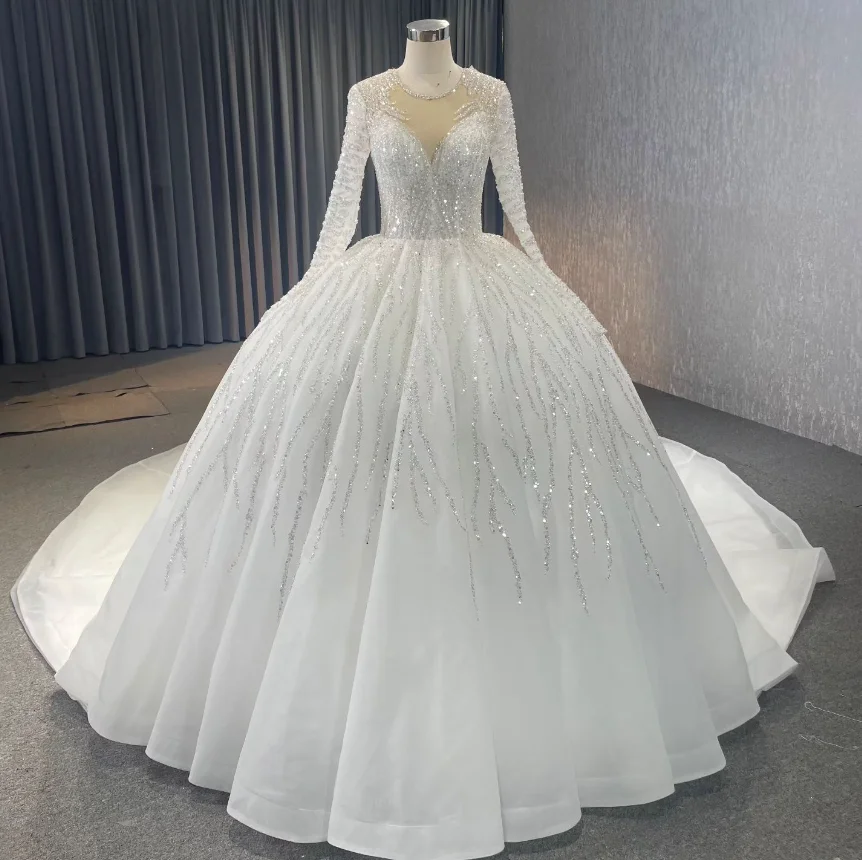 

Customized Classic White Long Sleeve Women's Wedding Dress Sparkling Lace Applique Bridal Gowns A-Line Dresses vestidos de novia