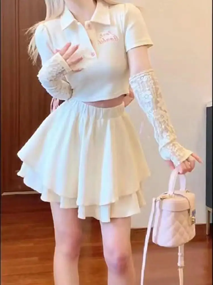 

Spicy Girl Pure Desire Sle Women's Summer ort Sve Slim Fit T-irt A-Line Cake Skirt Two-Piece Set
