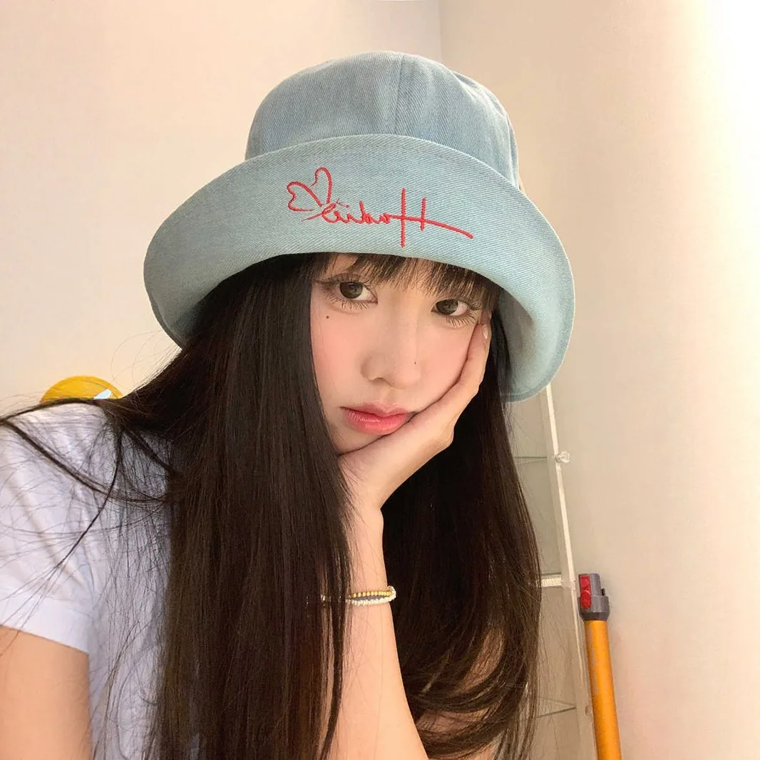 Ladies' Bucket Hats Korean New Cute Sweet Letter Embroidered Kawaii Casual Cowboy Bucket Hats Large Brim Sunshade Hats For Girl