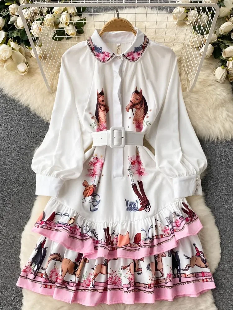 2023Autumn Fashion Cartoon Horse Print Buttons Long Sleeve Runway Dress Women Ruffles White Shirt Mini Layer Cake Belted Vestido