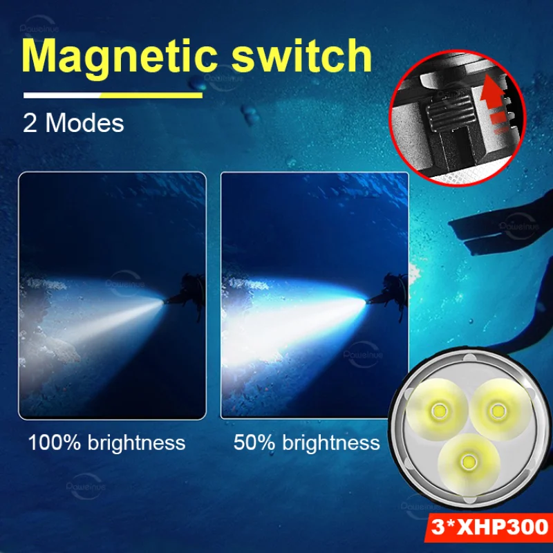 Most Powerful 3*XHP300 Diving Flashlight Underwater Professional Dive Torch IPX8 Waterproof Scuba Diving Flashlight For Fishing