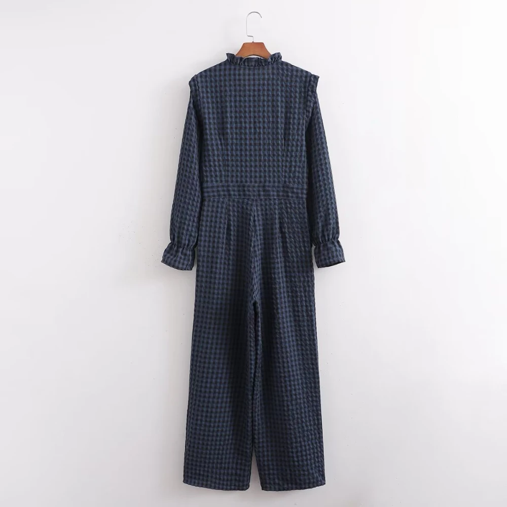 PB & ZA-Plaid Long Sleeve Jumpsuit for Women, Casual Fashion, Lace Collar, Spring, New, 2024