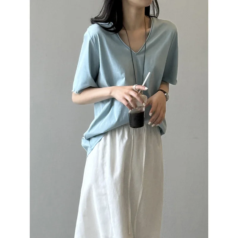 QICHE 2026 Summer Women Korean Loose Rolled Edge V Neck Short Sleeve T Shirt Simple Solid Color Base Tops