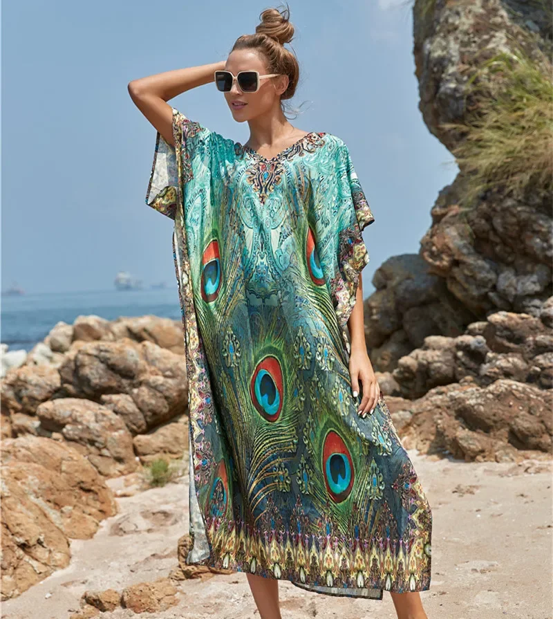 Quick-drying Bikini Cover-ups Peacock Feather Print V-neck Summer Beach Tunic Women Beachwear Kaftan Robe De Plage