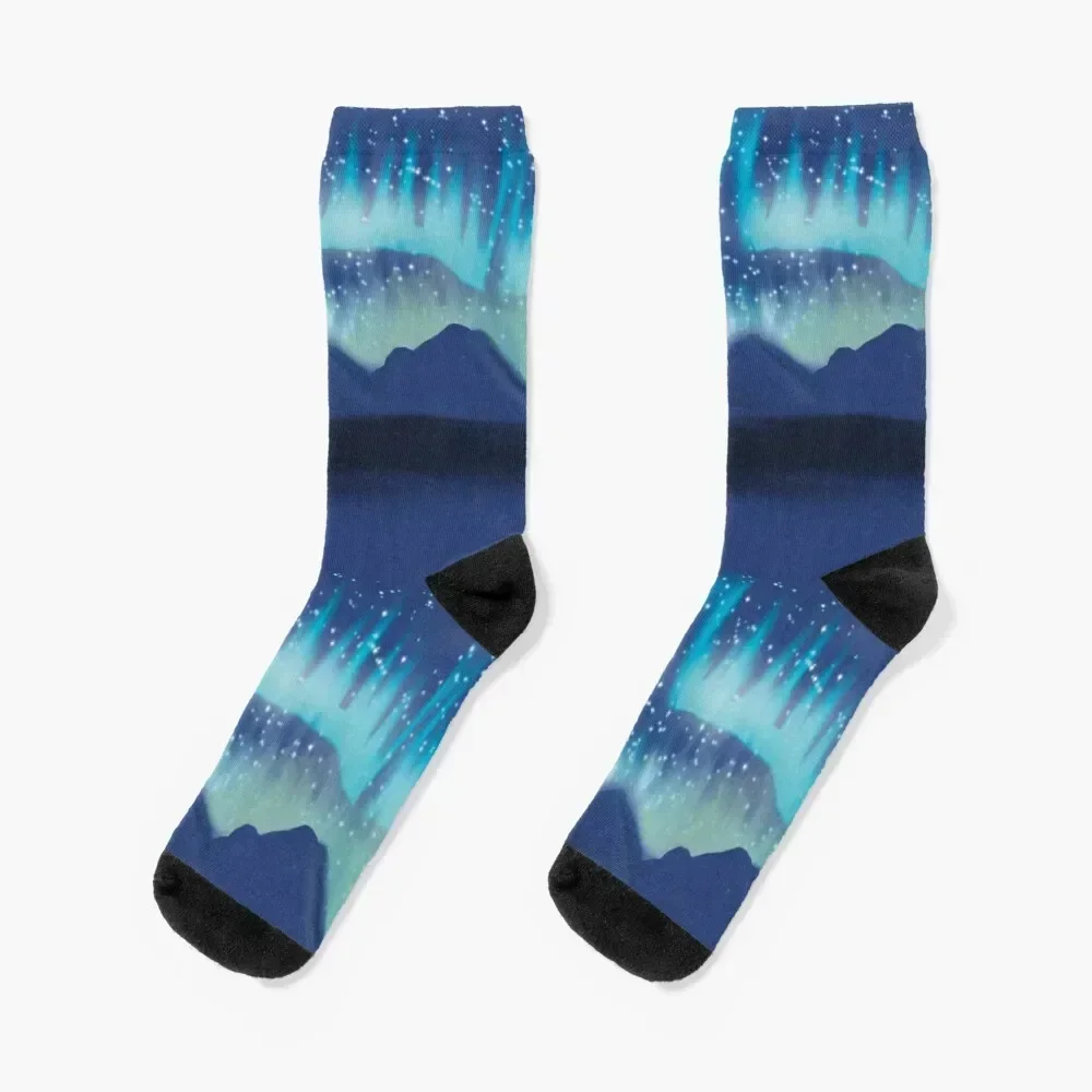 

Northern Lights with mountains Socks essential warm winter hip hop designer Men's Socks Luxury Women's
