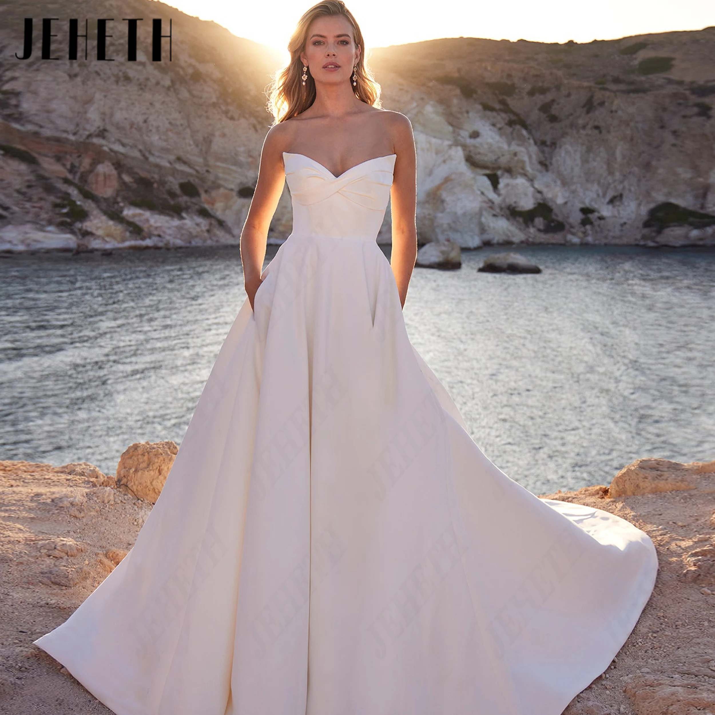 JEHETH Personalized Strapless Wedding Dress For Women 2026 Sweetheart Satin Pockets Bridal Dresses Long With Train suknia slubna