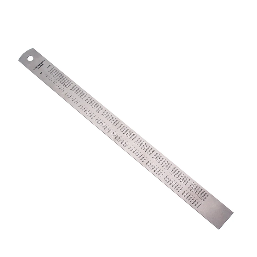 Metal Measuring Ruler Stainless Steel Straight Double Sided Ruler with Hanging Hole Conversion Table for Carpentry Engineering