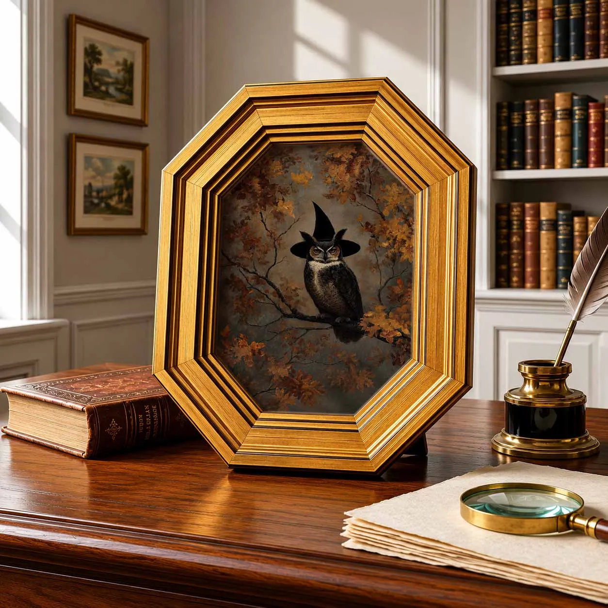 Vintage Octagon Gold Frame Witch Owl Fall Leaves Art, Tabletop & Hanging Gothic Halloween Home Wall Decor