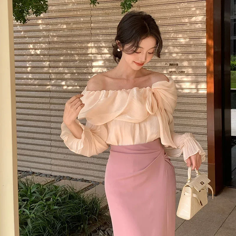 

2025 spring new little fairy one-word collar shirt gentle temperament long-sleeved top shirt