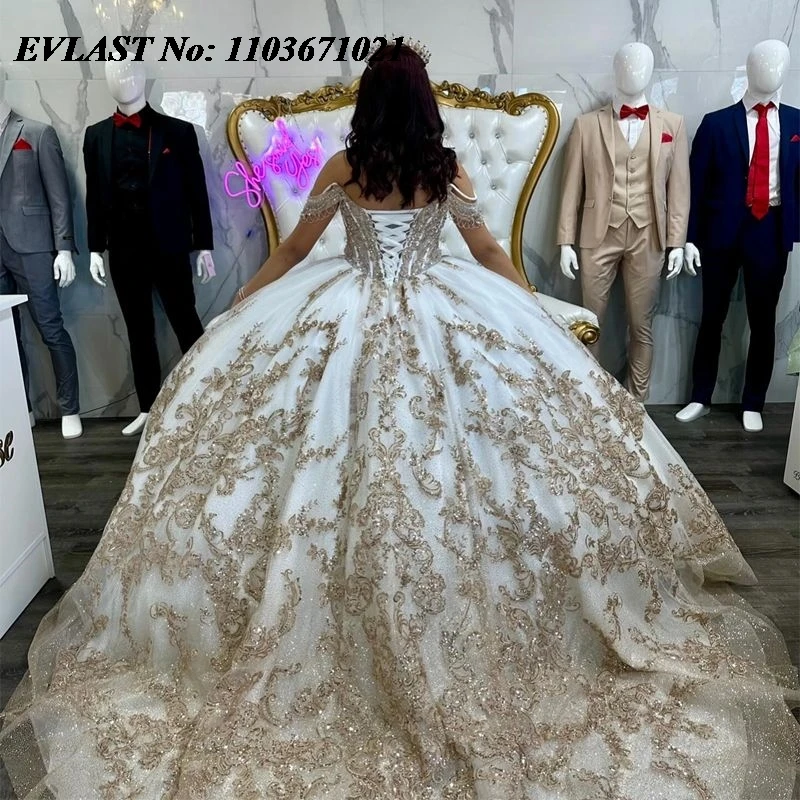 EVLAST-Vestido Quinceanera Branco Brilhante, Renda Dourada, Beading Applique, Espartilho Espaguete, Vestido de Baile Doce 16, SQ46, 15 Anos