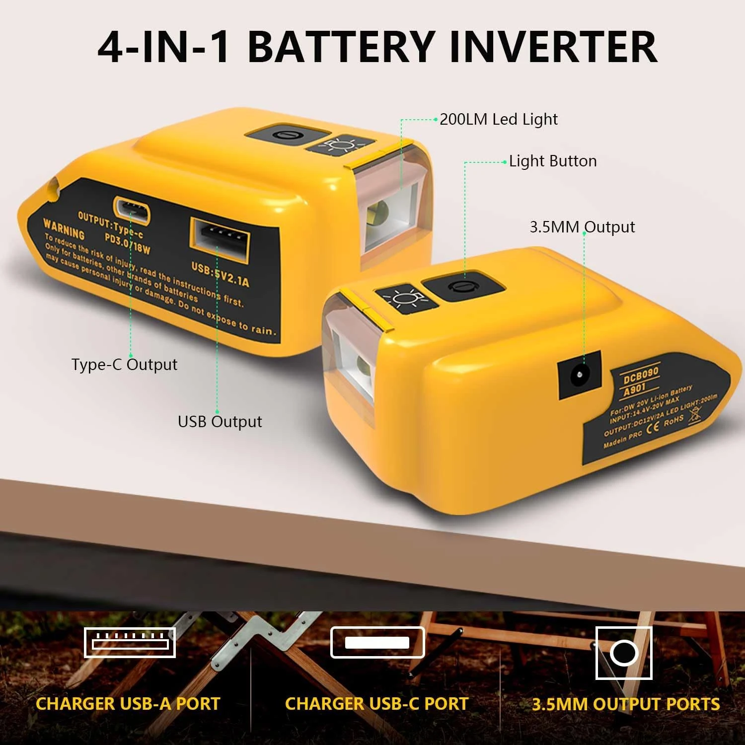 New Replacement DCB090 Power Source For Dewalt 18 V 20 V Battery Adapter with USB Type-C Power Bank 3 W LED Work Light Converter