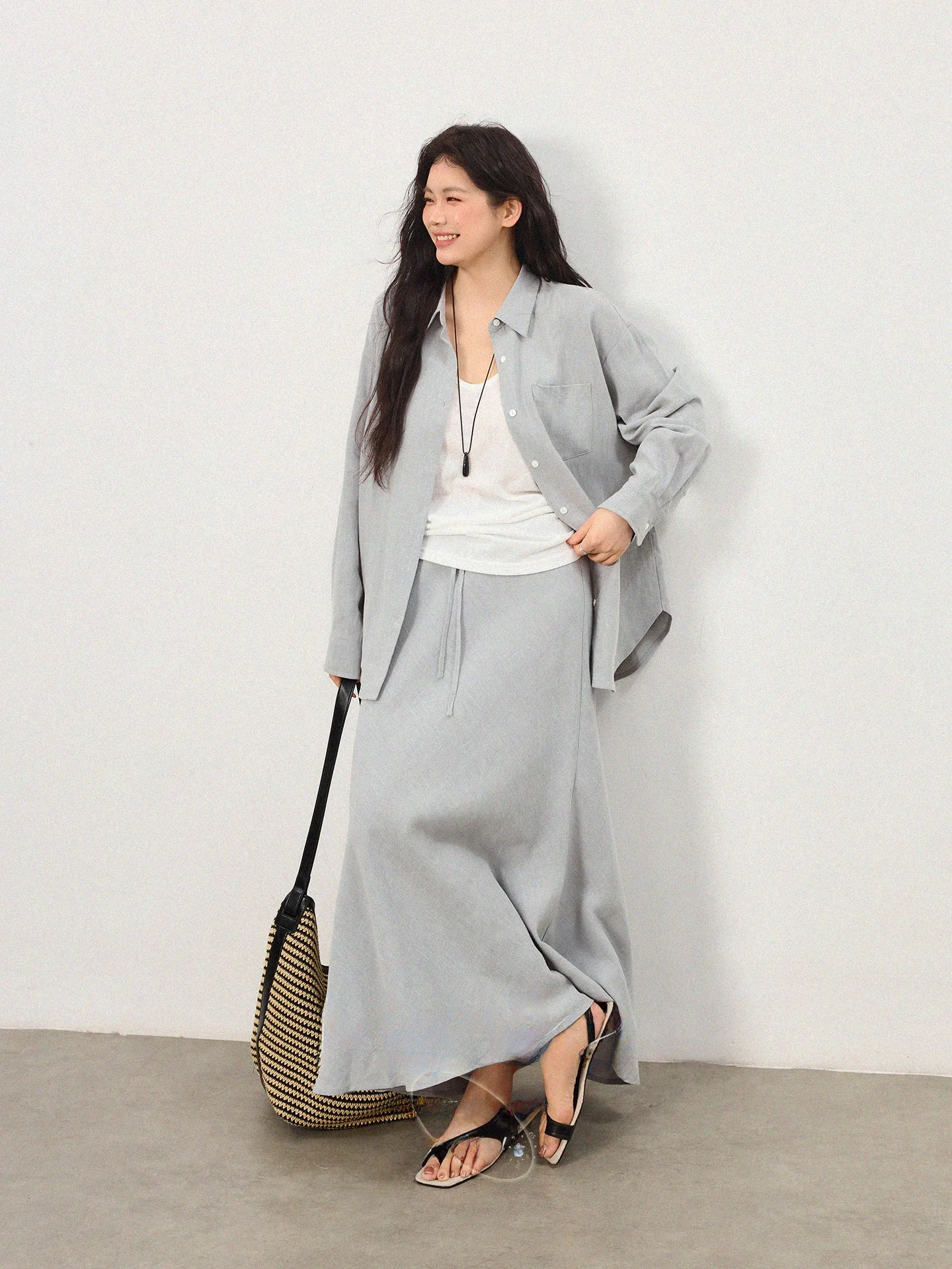 

Monica plus Size Lazy Casual Long Sleeve Collar Women's Set High Waist A-Line Skirt Comfortable Cotton Spring Summer