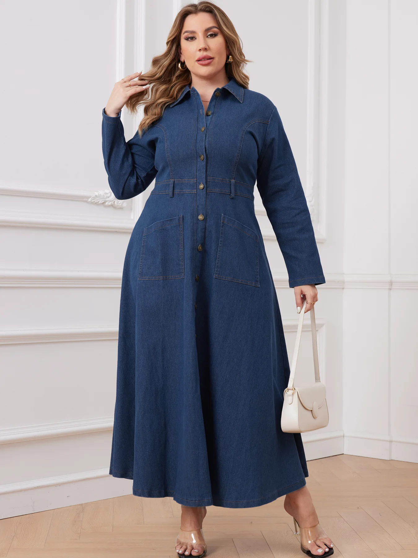 Plus Size Button Denim Elegant Dress Female Bodycon Jean Vestido 2024 Autumn Long Pocket Robe Women Luxury Pretty Fashion Dress