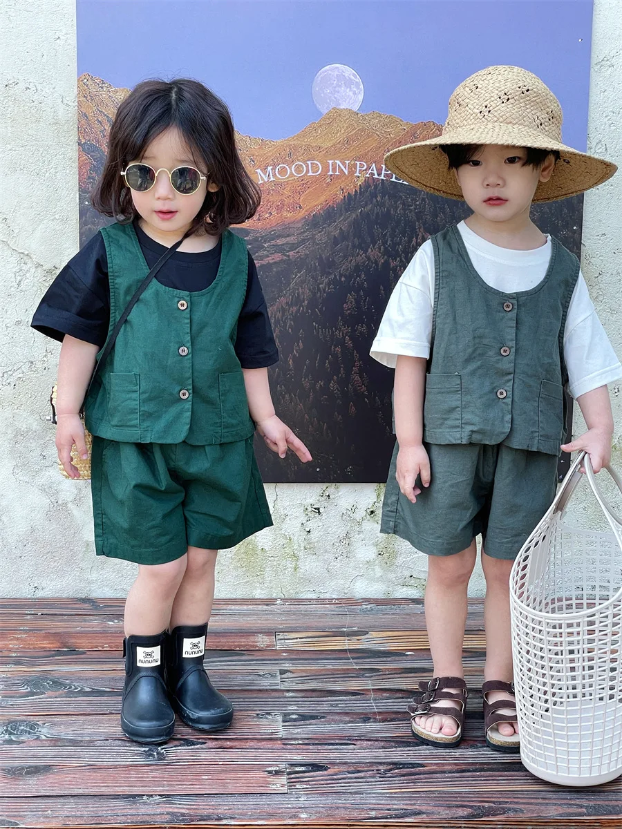 

Children Clothing Set New Fashion Spring Summer 2023 Solid Cotton Sleeveless Vest Boys Girls Baby Loose Shorts Two Piece Set