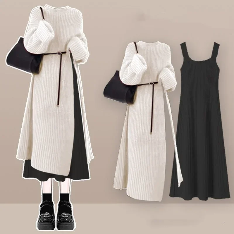 2025 Spring Autumn New Clothing Matching Sets Women Graceful Lucky Red Long Split Sweater Sleevess Dress Two Piece Suits - Image 4