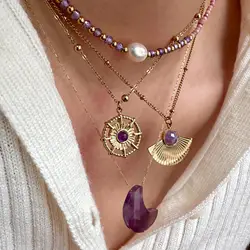 New ins Stainless Steel Luxury Amethyst Moon Necklace For Women Vintage Metal Fan Pendant Fashion Jewelry Gift