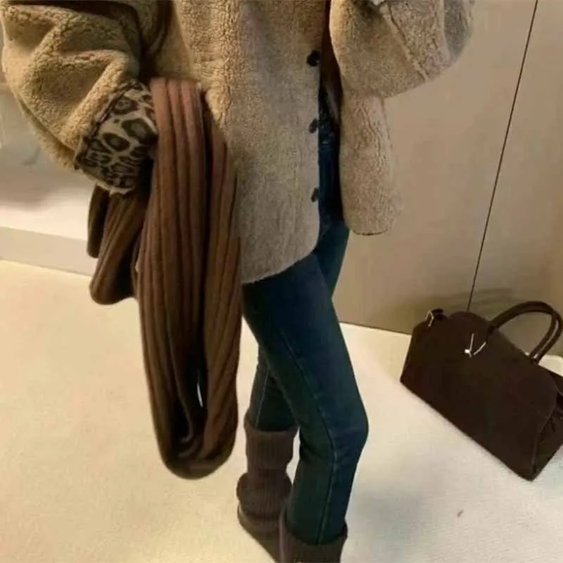Women Plush Short Winter Jackets Vintage Single-Breasted Loose Faux Fur Coats Female Leopard Print Patchwork Lamb Wool Outwear