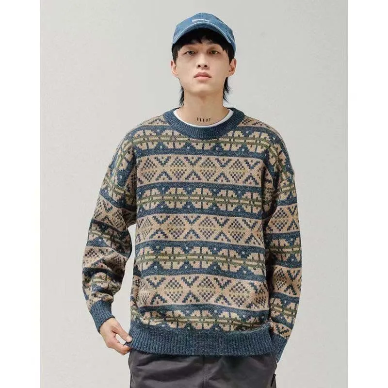 Japanese Vintage Pattern Sweater Men's Autumn Winter 2022 New Thick Crewneck Loose Knit Top Trendy Men