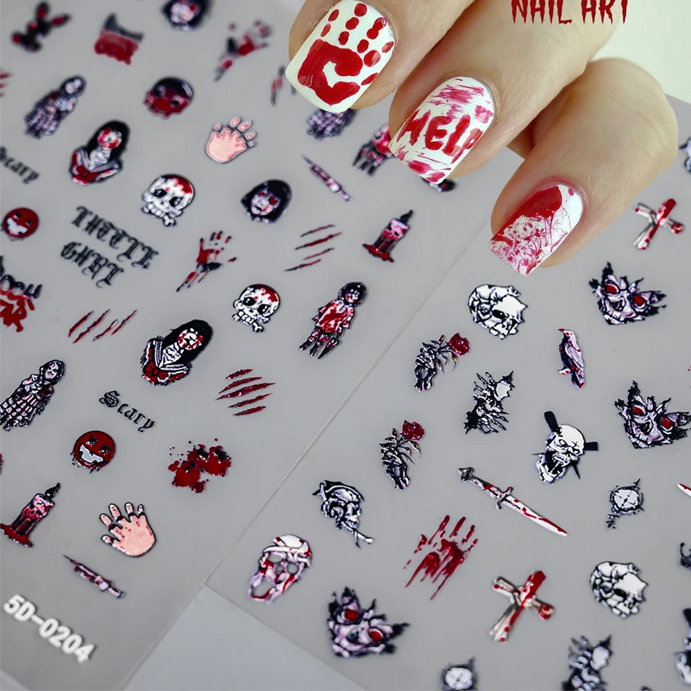 1pcs 10*8cm 5D Halloween Nail Art Stickers Horror Dark Red Blood Stains Skeleton Bones Ghost Self Adhesive Manicure Nail Decals