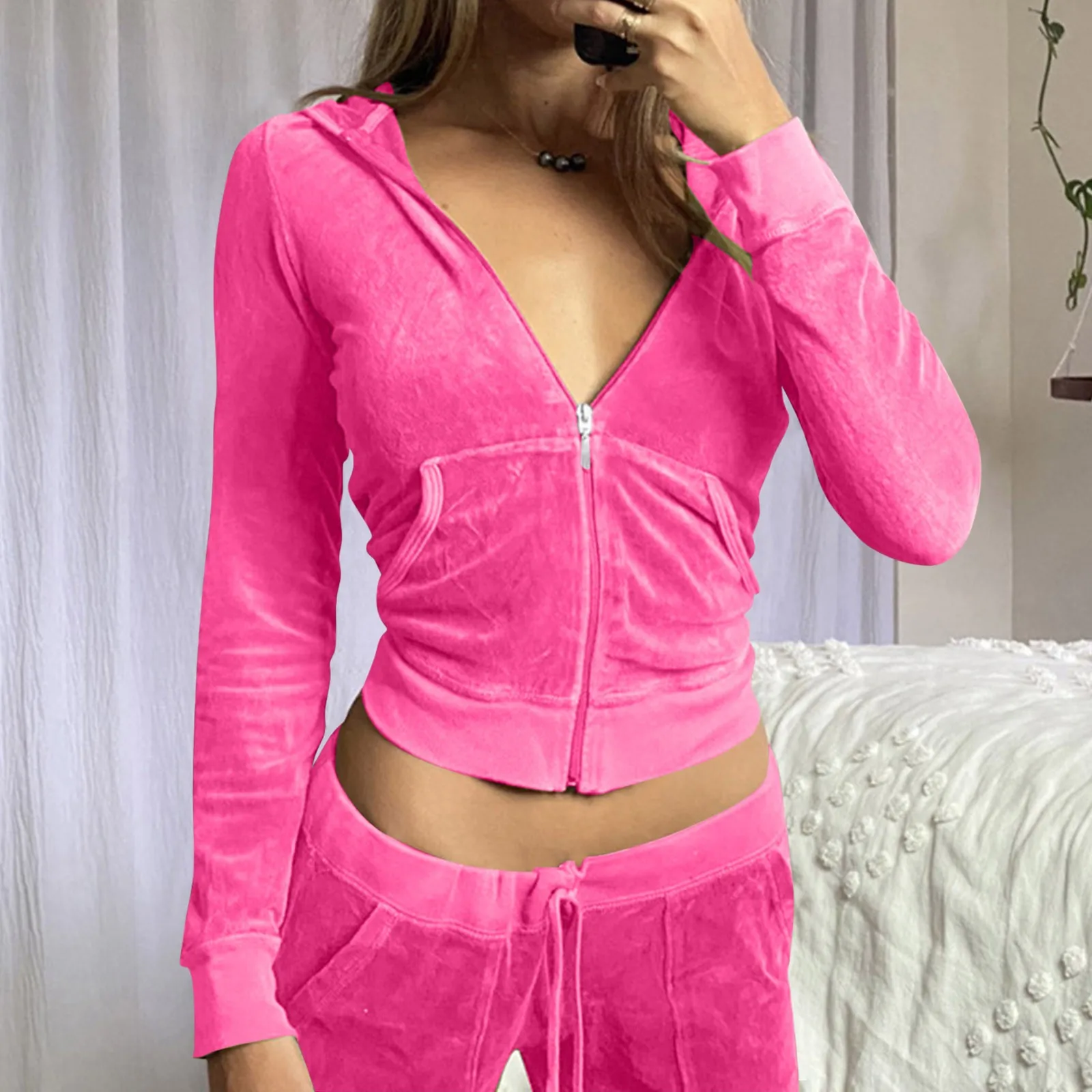 

Y2k high quality newZip Up Cropped Hoodie Solid Color velvet Hoodies Long Sleeve Pocket Women Sweatshirt Sudaderas De Mujeres