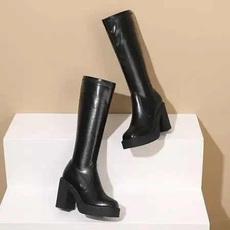 Women Square Toe Platform Knee High Boots Classic Big Size Winter Black Matte Lady Side Zipper Punk Boots 2024