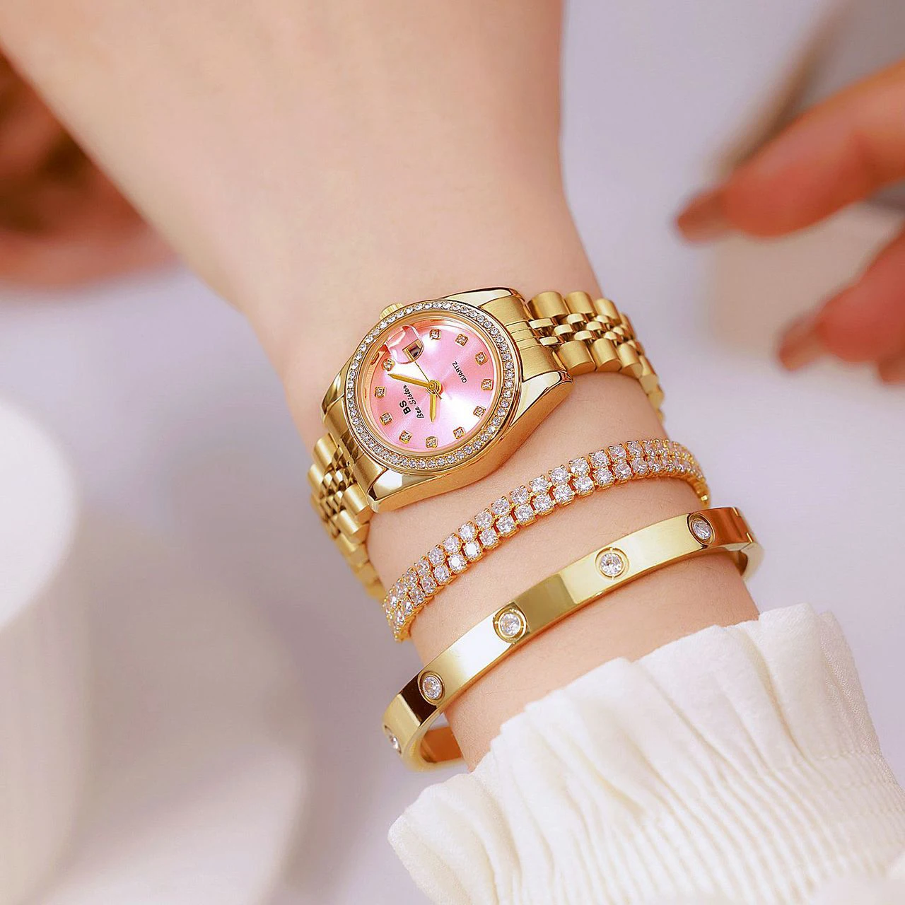 Gold Watch For Women High Quality Luxury Diamond Dial Original Calendar Quartz Watches Steel Strap Women\'s Wristwatch Gifts 2025