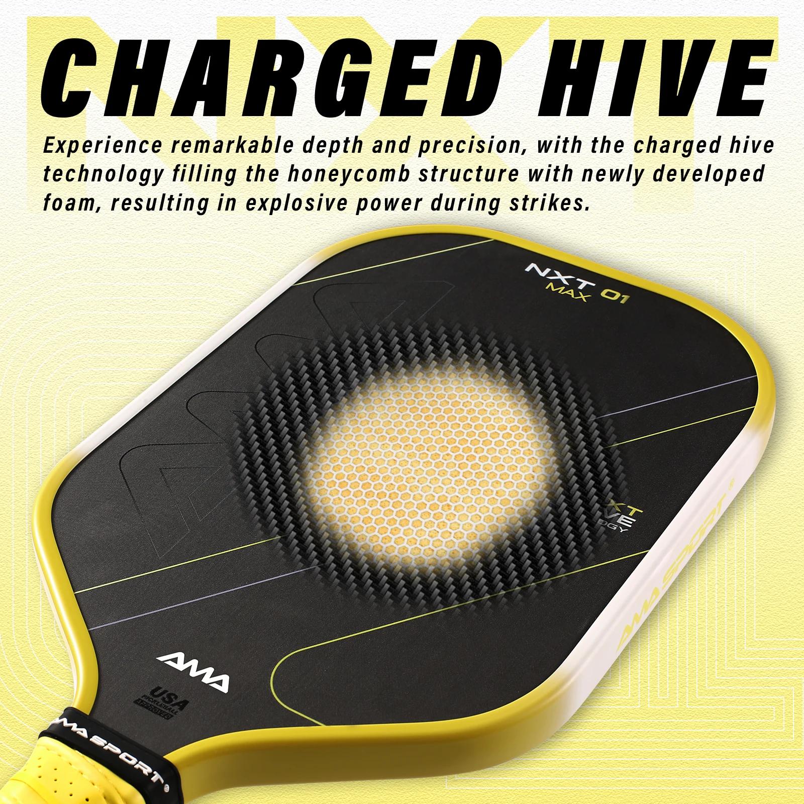 AMASPORT NXT MAX 生カーボンファイバー ピックルボールパドル Charged