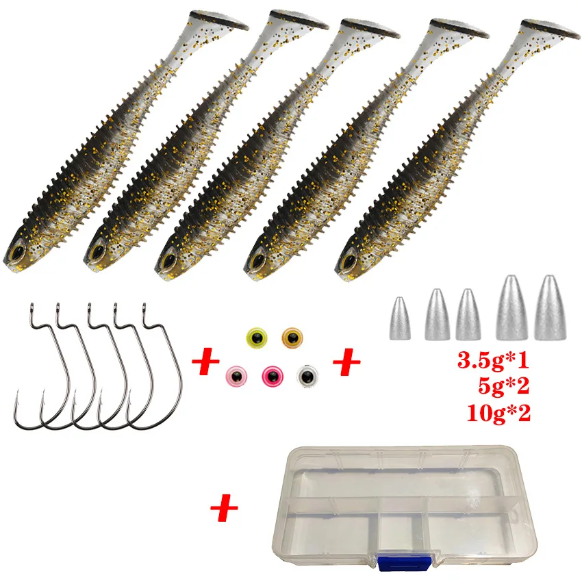 

Sea Yolo 1Set 5Pcs 2.5g/6.5cm 4.8g/7.5cm 3D Eye Spiral T-Tail Soft Bait With 5Pcs Fishing Hooks Artificial Lure For Carp Fishing