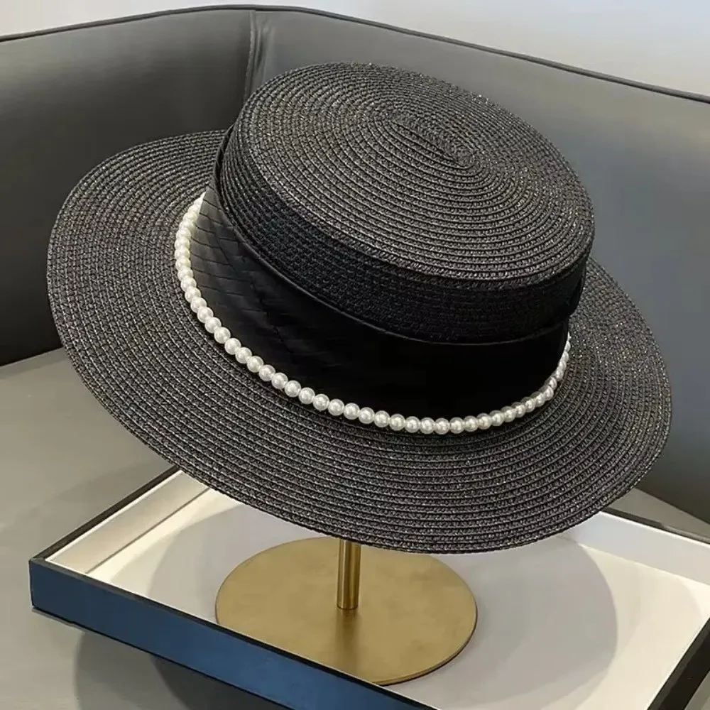 New French Hepburn Style Straw Hat Solid Color Straw Weaving Pearl Chain Hat UV Protection Breathable Flat Sun Hat Summer Season
