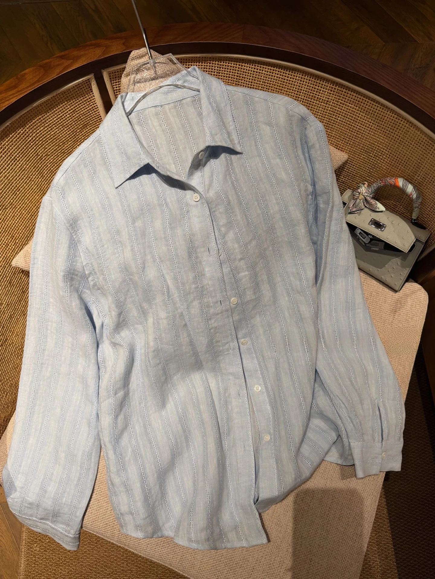 

Summer Linen Simple Style Shirt Skin-friendly Breathable Slimming Sun Protection Loose Fit Blue Women's Long Sleeve Shirt