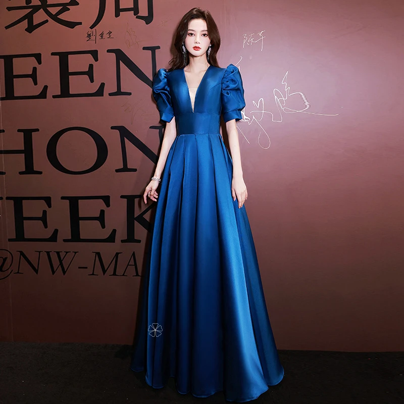 

Blue Satin Banquet Evening Dress Women New Sexy Deep V-Neck A-line Temperament Cocktail Dresses Simple Elegant Prom Gown